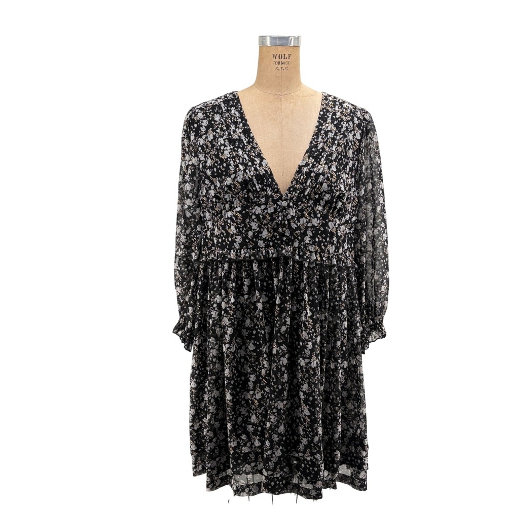 Altar'd State Black Floral Metallic‎ Gold V-Neck Babydoll Mini Dress Spring L